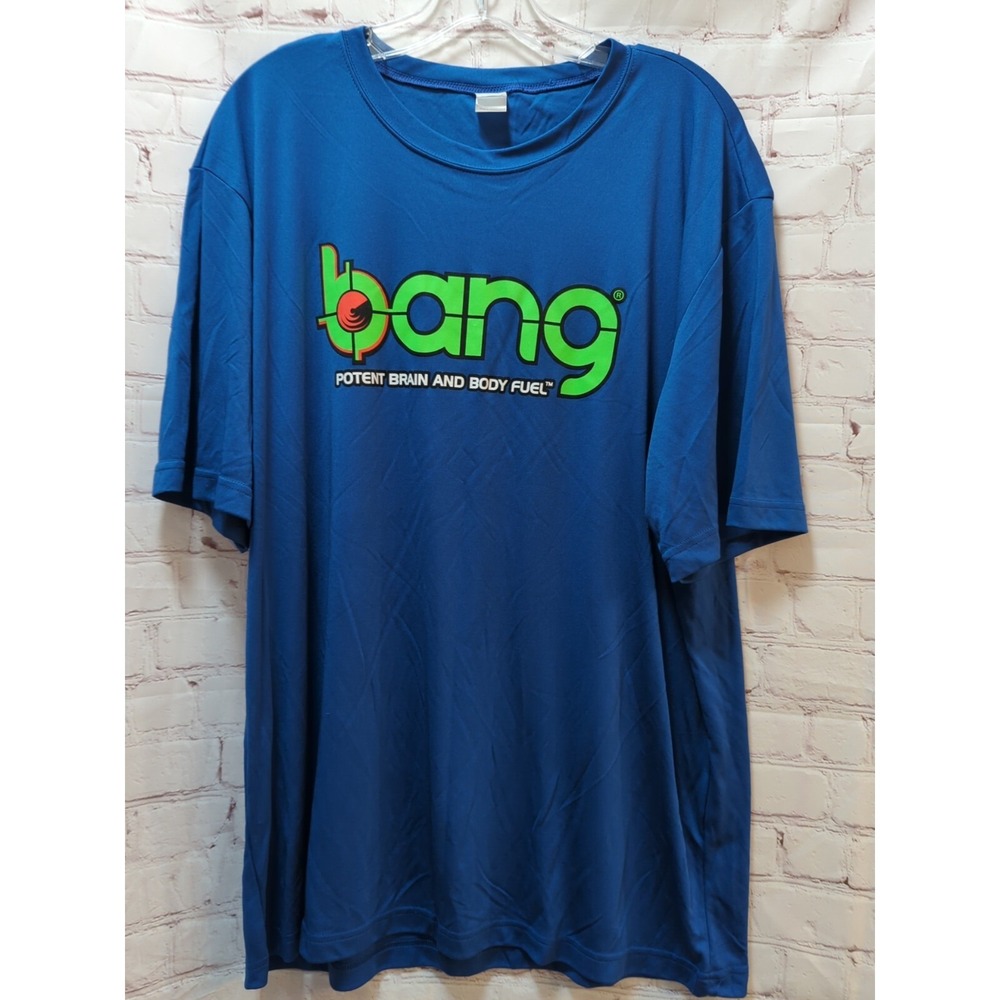 Bang energy drink men's XL‎ blue t-shirt green logo polyester wicking stretch